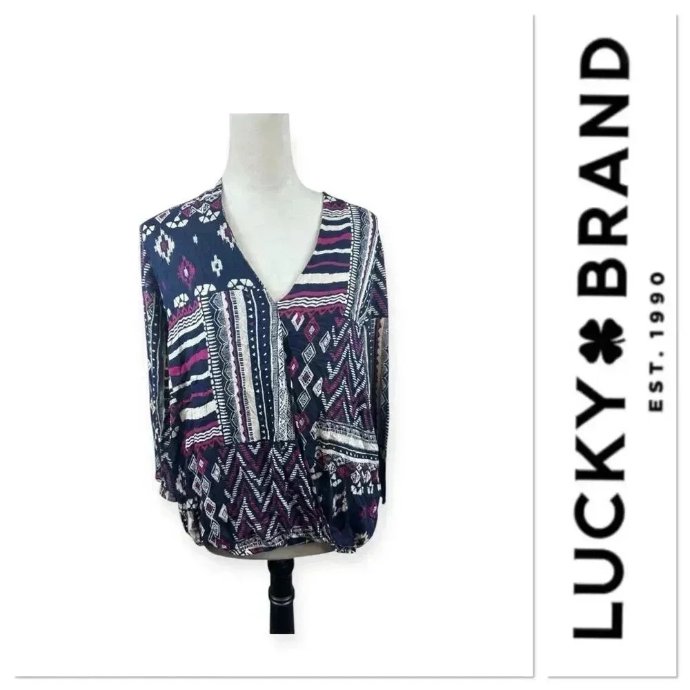✅ 3 for $15 ✅ Lucky Brand blue and purple geometric  print top size XL